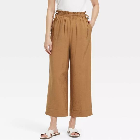 A New Day Women's High Rise Straight Leg Side Tie Pull On Pants Brown Size S - Picture 1 of 6